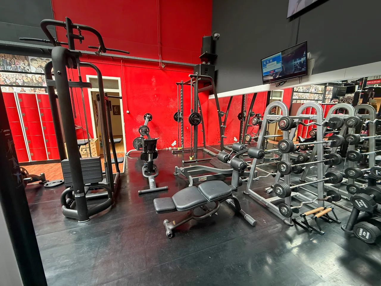 Dumbbellrek en verstelbare trainingsbanken in de vrije-gewichtenzone