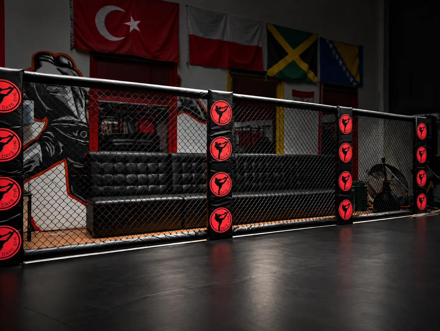 Het trainingsrek met kooihekwerk en Days Gym-kussens op de nieuwe MMA-vloer